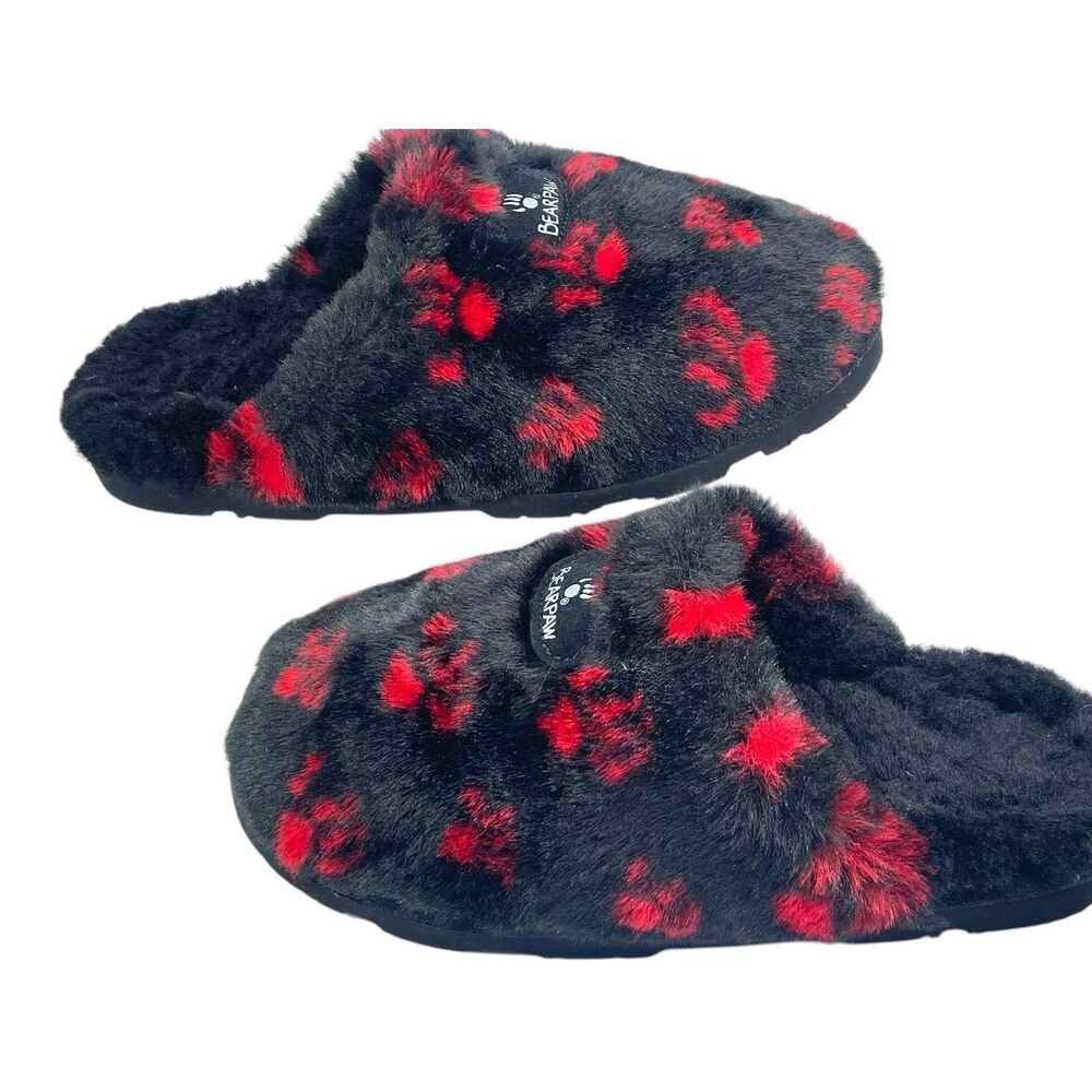Bearpaw Paw Print Plush Slippers Black Red Women’s Size 6